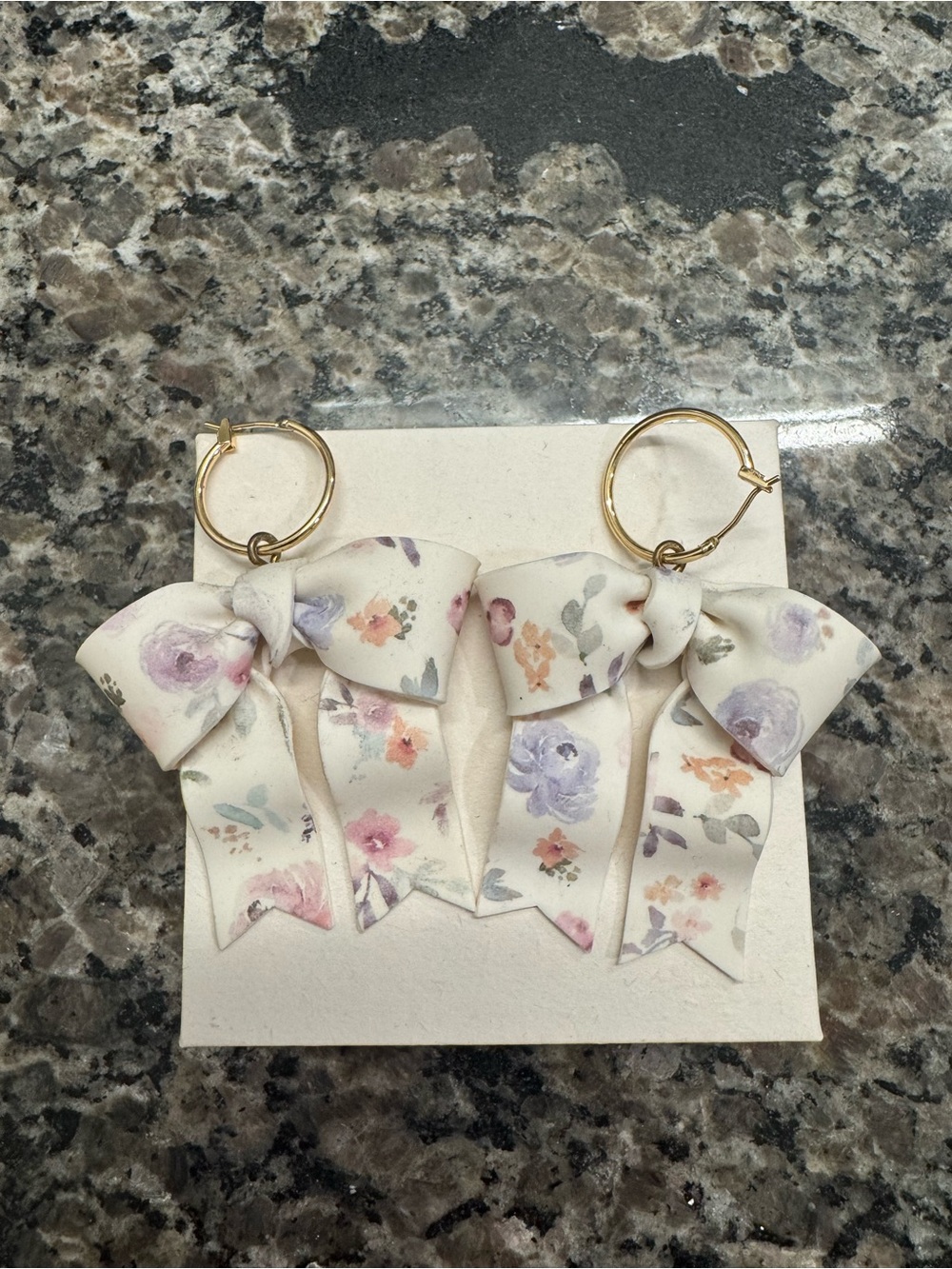 Floral Bow Drop Hoop Earrings - Cream